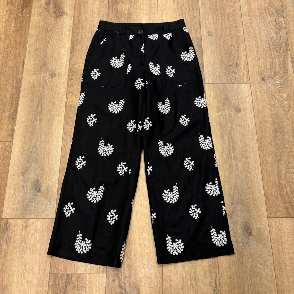 🌟ELIE TAHARI🌟 FLORAL EMBROIDERED WIDE LEG LINEN PANT BLACK / WHITE SZ 8